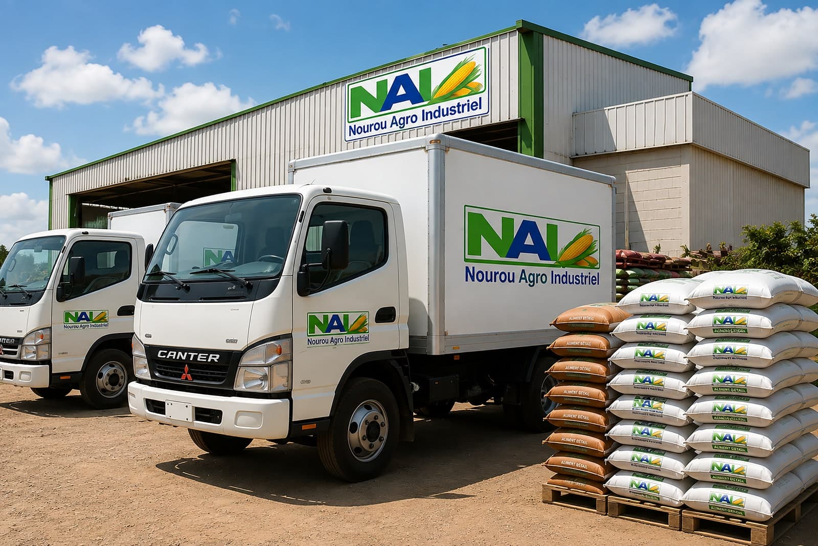 Camion de livraison Nourou Agro Industriel chargé de sacs d'aliment