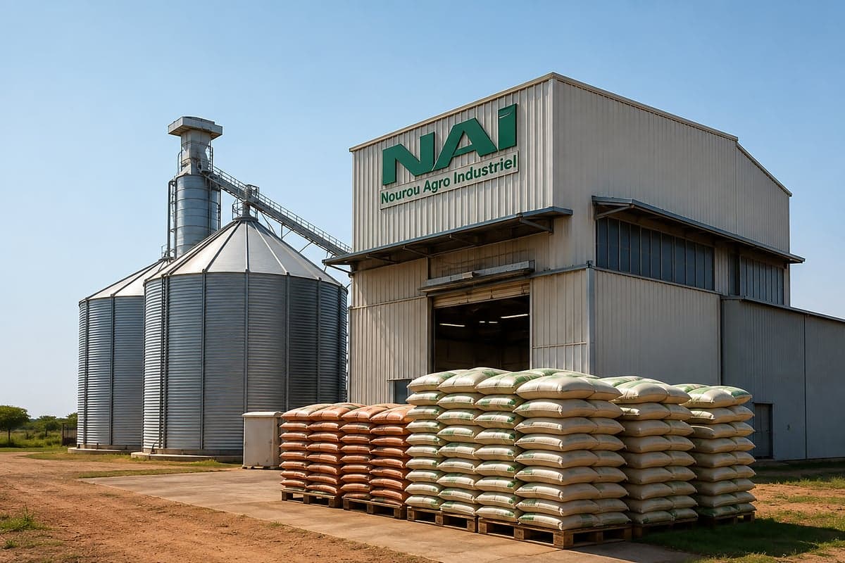 Usine Nourou Agro Industriel à Touba Fall, silos et sacs d'aliment